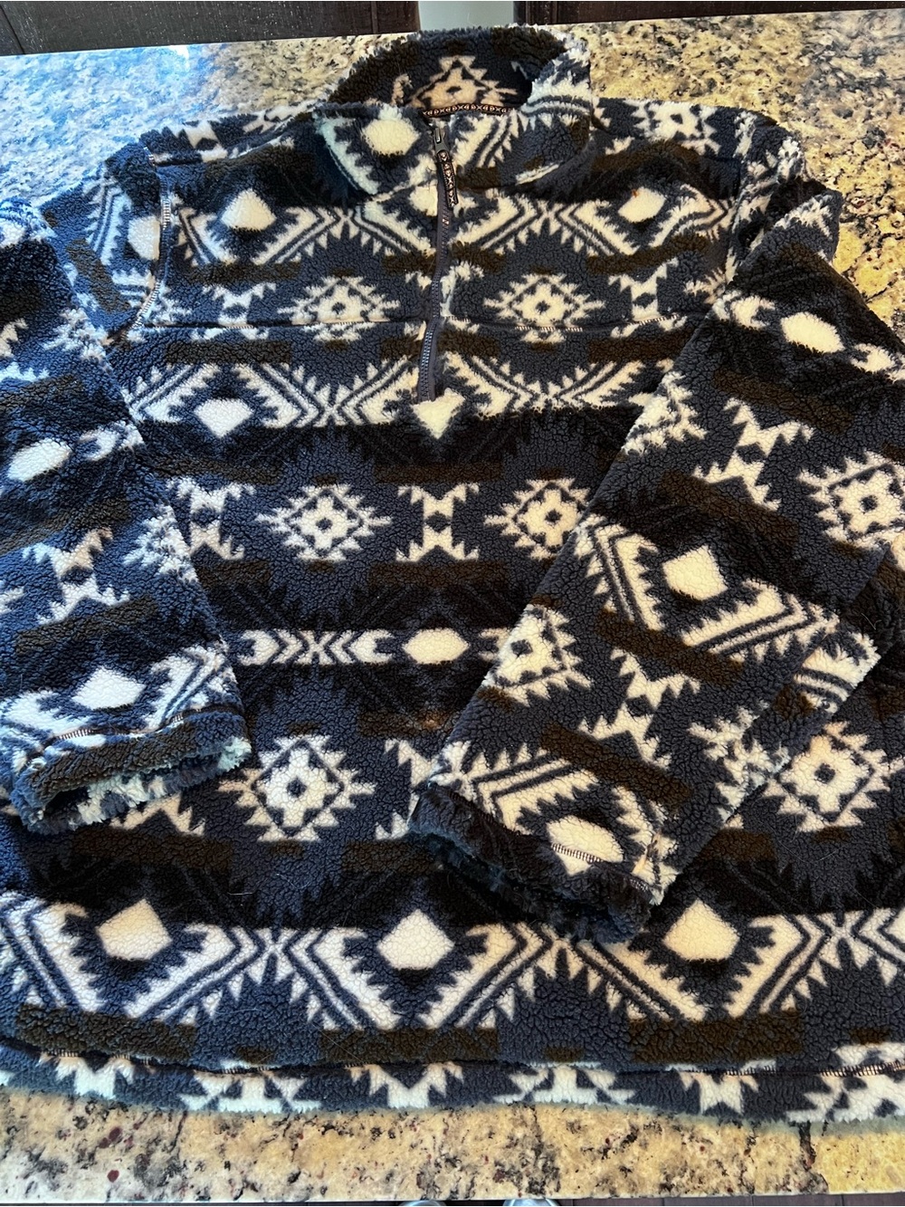 Mens Navy & White Geometric Sherpa Zip-Up Sweater